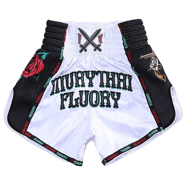 Fluory Guns & Rose Muay Thai Shorts White