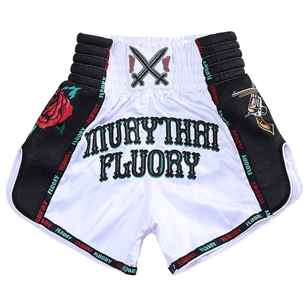 Fluory Muay Thai Muay Thai Shorts Fluory Guns & Rose Muay Thai Shorts White