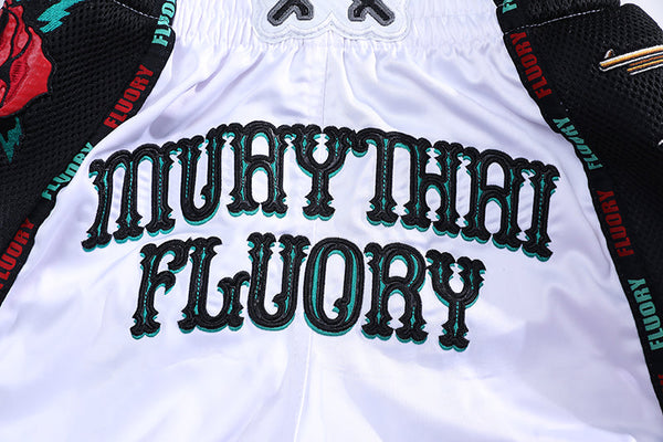 Fluory Muay Thai Muay Thai Shorts Fluory Guns & Rose Muay Thai Shorts White